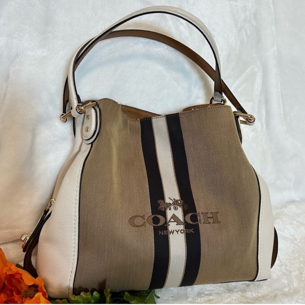 EUC Rare Vintage Coach Edie 31 Horse & Carriage Jacquard Bag in Khaki/Chalk/Gold
